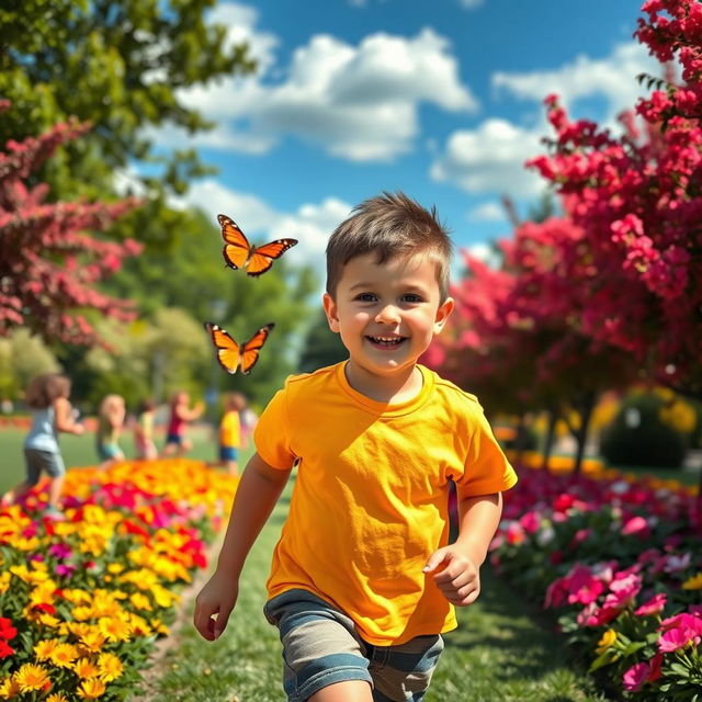 A striking portrait of a young boy playing in a vibrant park, surrounded by colorful flowers and trees