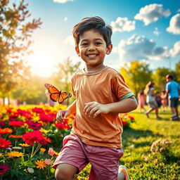A striking portrait of a young boy playing in a vibrant park, surrounded by colorful flowers and trees