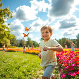 A striking portrait of a young boy playing in a vibrant park, surrounded by colorful flowers and trees