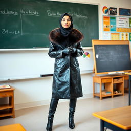 A young woman in a shiny black leather coat with a fur collar, wearing leather gloves and high-heeled leather boots