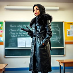 A young woman in a shiny black leather coat with a fur collar, wearing leather gloves and high-heeled leather boots