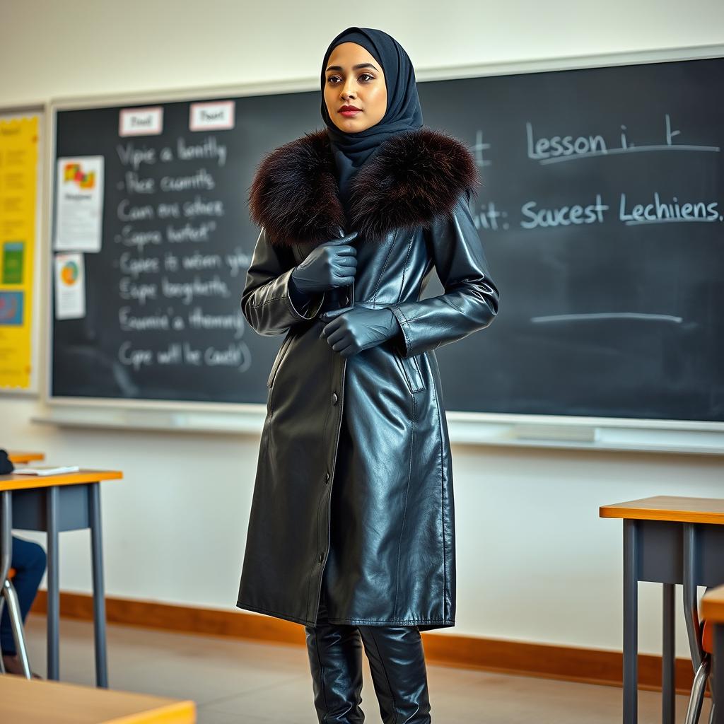 A young woman in a shiny black leather coat with a fur collar, wearing leather gloves and high-heeled leather boots