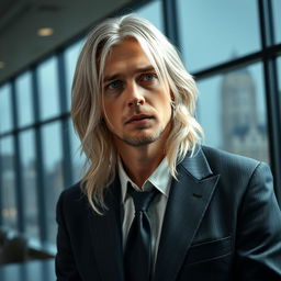 A portrait of a man resembling Kurt Cobain, featuring long silver hair, dressed in a stylish business suit