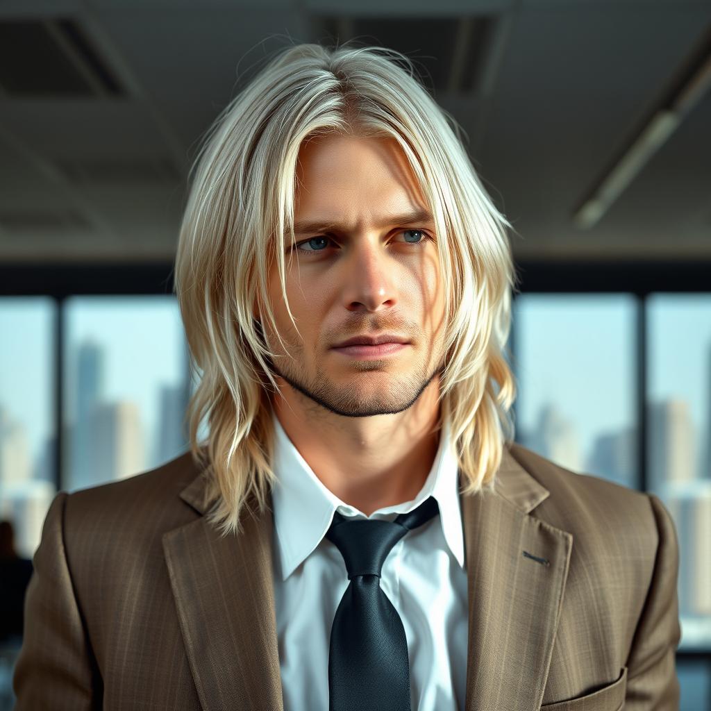 A portrait of a man resembling Kurt Cobain, featuring long silver hair, dressed in a stylish business suit