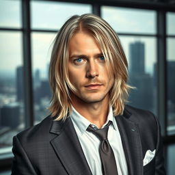A portrait of a man resembling Kurt Cobain, featuring long silver hair, dressed in a stylish business suit