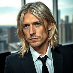 A portrait of a man resembling Kurt Cobain, featuring long silver hair, dressed in a stylish business suit