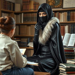 A scene depicting a lady in a shiny black leather tight-fitting abaya with a white fur collar, wearing shiny black leather gloves and high-heeled leather boots