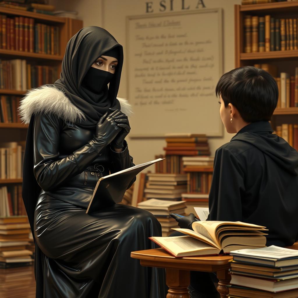 A scene depicting a lady in a shiny black leather tight-fitting abaya with a white fur collar, wearing shiny black leather gloves and high-heeled leather boots