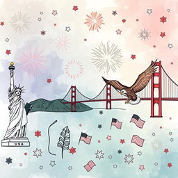A hand-drawn wallpaper design featuring iconic symbols of the USA, including the Statue of Liberty, the Golden Gate Bridge, an American bald eagle, and colorful fireworks in the night sky