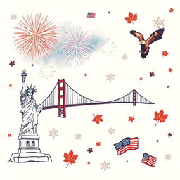 A hand-drawn wallpaper design featuring iconic symbols of the USA, including the Statue of Liberty, the Golden Gate Bridge, an American bald eagle, and colorful fireworks in the night sky