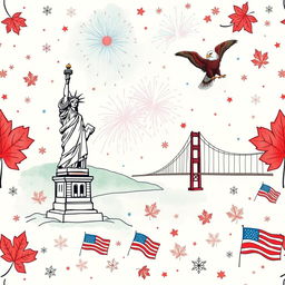 A hand-drawn wallpaper design featuring iconic symbols of the USA, including the Statue of Liberty, the Golden Gate Bridge, an American bald eagle, and colorful fireworks in the night sky