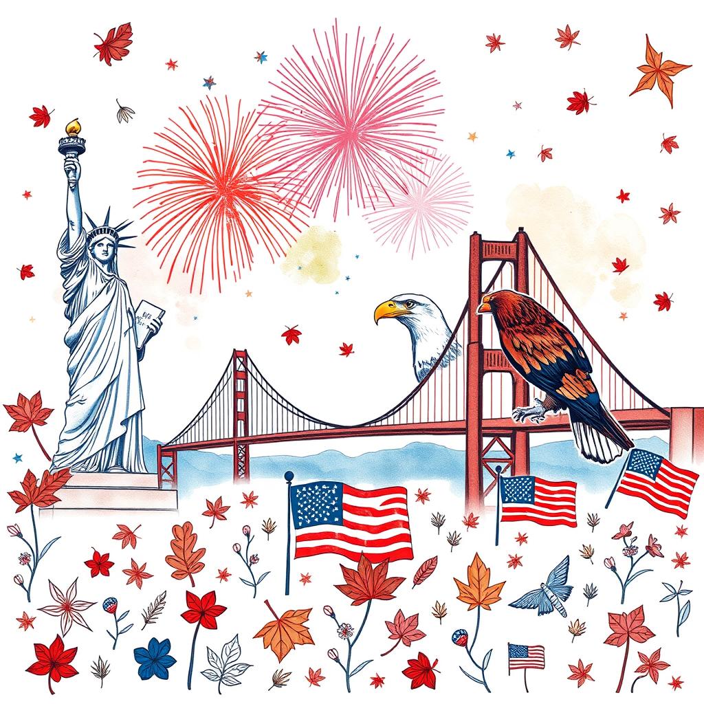 A hand-drawn wallpaper design featuring iconic symbols of the USA, including the Statue of Liberty, the Golden Gate Bridge, an American bald eagle, and colorful fireworks in the night sky