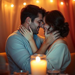 A romantic and intimate scene depicting a couple in a close, passionate embrace, surrounded by soft candlelight with gentle lighting enhancing the mood