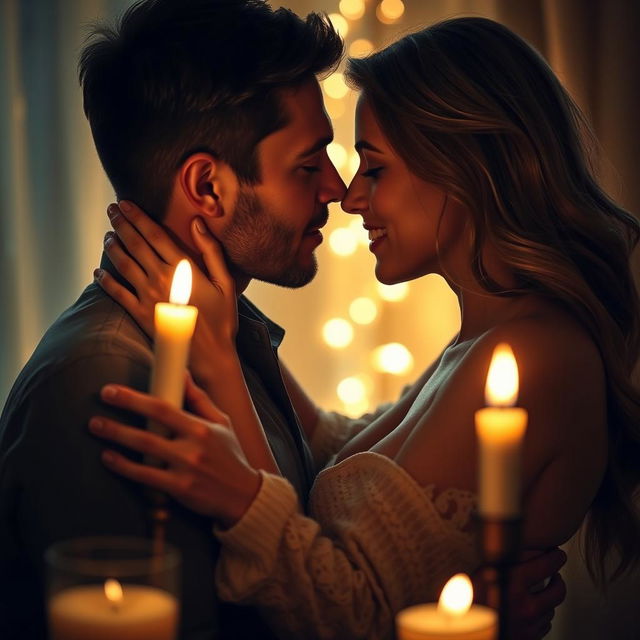 A romantic and intimate scene depicting a couple in a close, passionate embrace, surrounded by soft candlelight with gentle lighting enhancing the mood