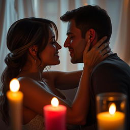 A romantic and intimate scene depicting a couple in a close, passionate embrace, surrounded by soft candlelight with gentle lighting enhancing the mood