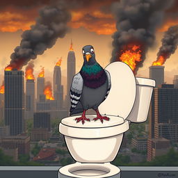 A comical scene depicting a pigeon perched on a toilet seat, looking surprised as it prepares to take a dump