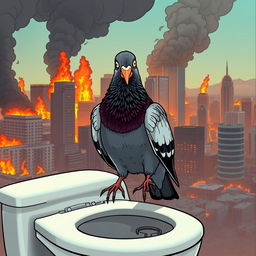 A comical scene depicting a pigeon perched on a toilet seat, looking surprised as it prepares to take a dump