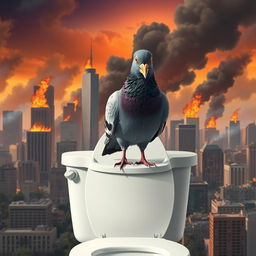 A comical scene depicting a pigeon perched on a toilet seat, looking surprised as it prepares to take a dump