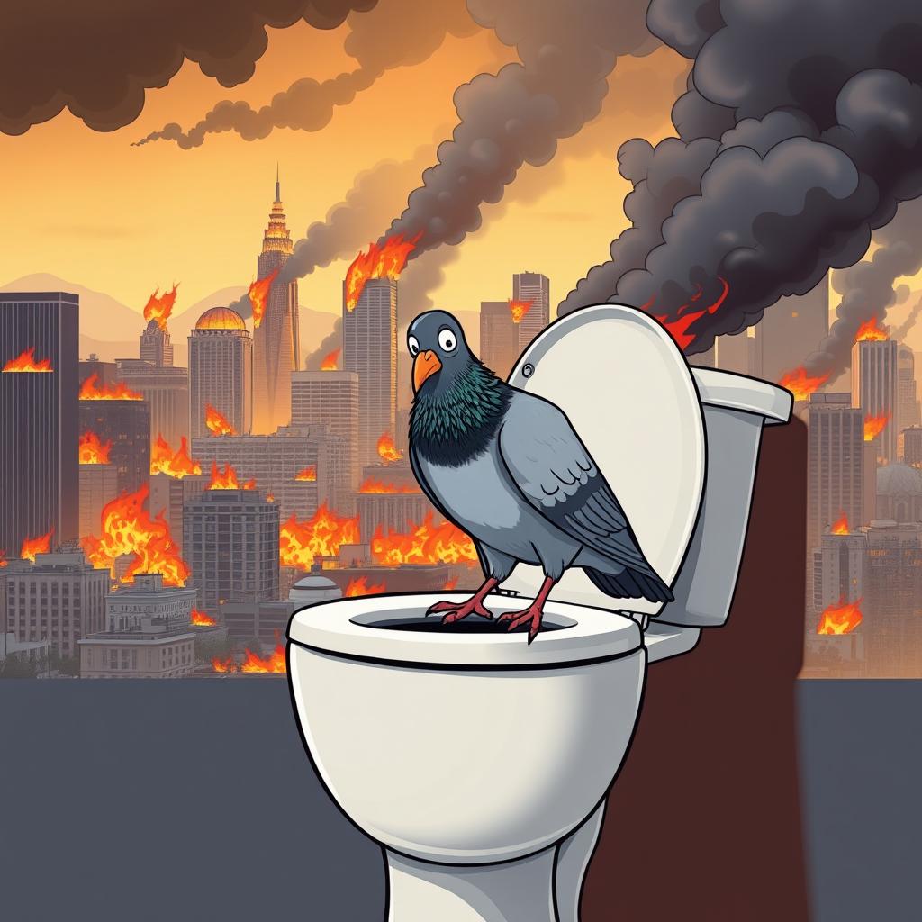 A comical scene depicting a pigeon perched on a toilet seat, looking surprised as it prepares to take a dump