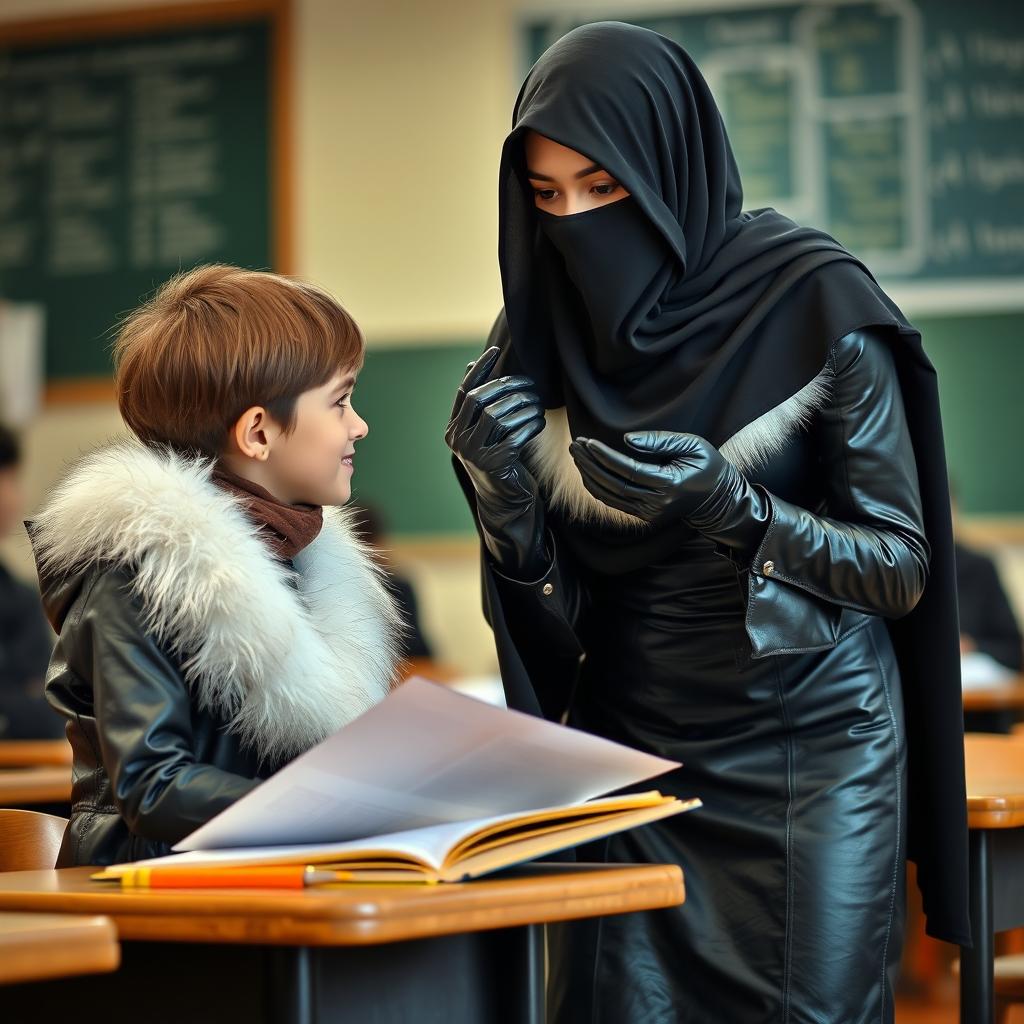 A young woman in a tight-fitting, shiny black leather abaya with a white fur collar, wearing shiny black leather gloves and high-heeled leather boots