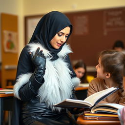 A young woman in a tight-fitting, shiny black leather abaya with a white fur collar, wearing shiny black leather gloves and high-heeled leather boots