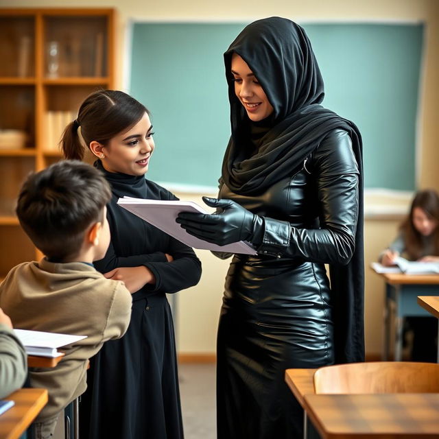 A young woman in a tight-fitting, shiny black leather abaya with a white fur collar, wearing shiny black leather gloves and high-heeled leather boots
