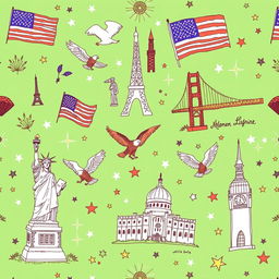 A hand-drawn wallpaper design featuring motifs inspired by the United States, including landmarks such as the Statue of Liberty, the Golden Gate Bridge, and the White House