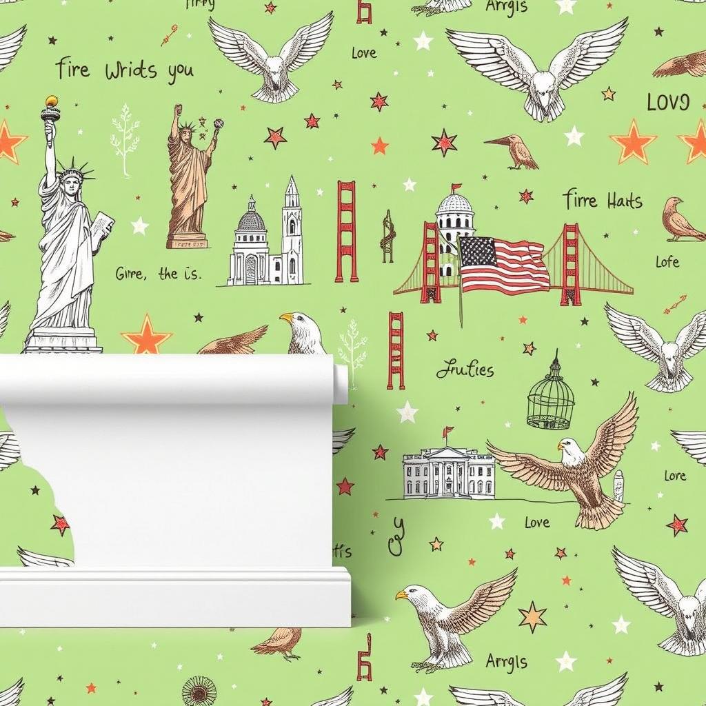 A hand-drawn wallpaper design featuring motifs inspired by the United States, including landmarks such as the Statue of Liberty, the Golden Gate Bridge, and the White House