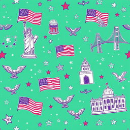 A hand-drawn wallpaper design featuring motifs inspired by the United States, including landmarks such as the Statue of Liberty, the Golden Gate Bridge, and the White House