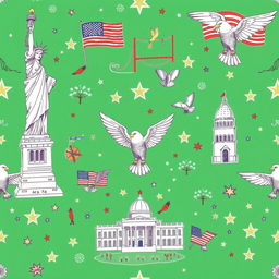 A hand-drawn wallpaper design featuring motifs inspired by the United States, including landmarks such as the Statue of Liberty, the Golden Gate Bridge, and the White House