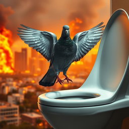 An ultra-realistic scene featuring a pigeon perched on the edge of a toilet, with its wings slightly spread as it prepares to take a dump