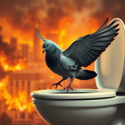 An ultra-realistic scene featuring a pigeon perched on the edge of a toilet, with its wings slightly spread as it prepares to take a dump
