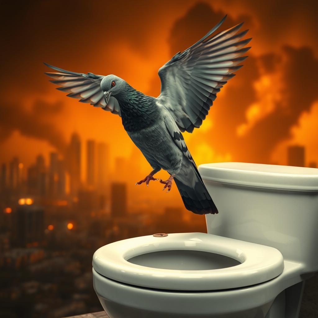 An ultra-realistic scene featuring a pigeon perched on the edge of a toilet, with its wings slightly spread as it prepares to take a dump