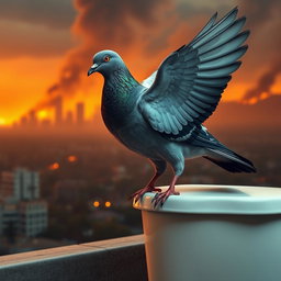 An ultra-realistic scene featuring a pigeon perched on the edge of a toilet, with its wings slightly spread as it prepares to take a dump
