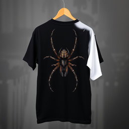 A black t-shirt featuring a large spider design on the back, with the left sleeve in white