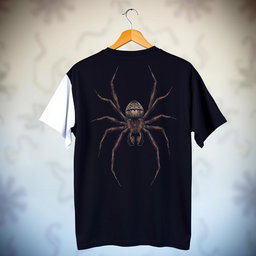 A black t-shirt featuring a large spider design on the back, with the left sleeve in white
