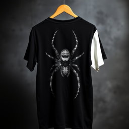 A black t-shirt featuring a large spider design on the back, with the left sleeve in white