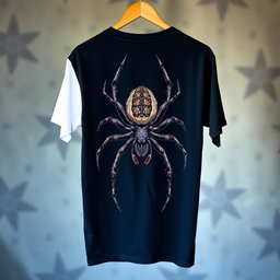A black t-shirt featuring a large spider design on the back, with the left sleeve in white