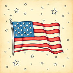 A beautifully intricate wallpaper design featuring the USA flag, illustrated in a hand drawing style