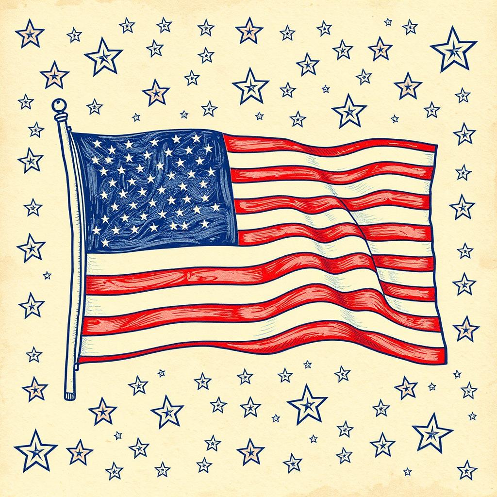 A beautifully intricate wallpaper design featuring the USA flag, illustrated in a hand drawing style