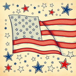 A beautifully intricate wallpaper design featuring the USA flag, illustrated in a hand drawing style