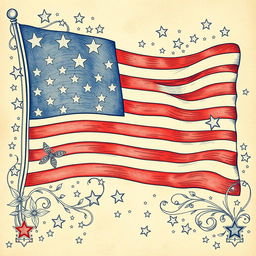 A beautifully intricate wallpaper design featuring the USA flag, illustrated in a hand drawing style