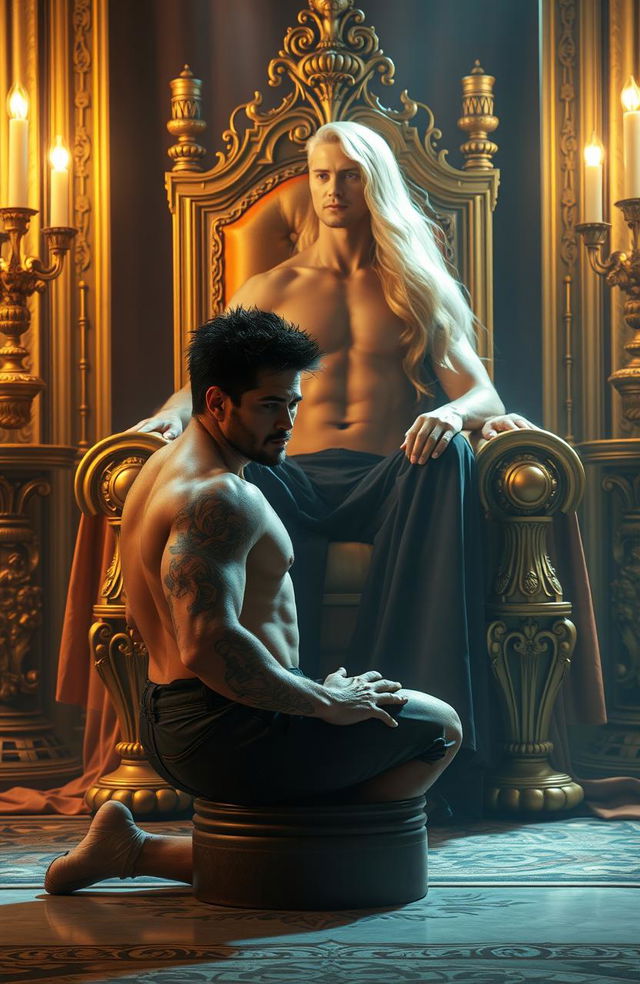A powerful scene depicting a muscled tattooed Latin man with dark, spiky hair on his knees in front of an effeminate Caucasian man with long, flowing blonde hair, sitting elegantly on a grand throne
