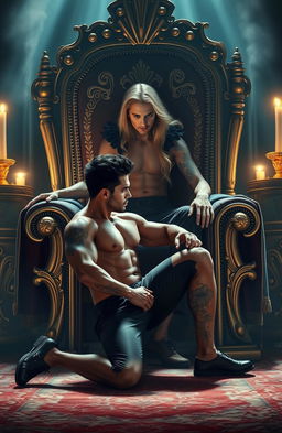 A powerful scene depicting a muscled tattooed Latin man with dark, spiky hair on his knees in front of an effeminate Caucasian man with long, flowing blonde hair, sitting elegantly on a grand throne