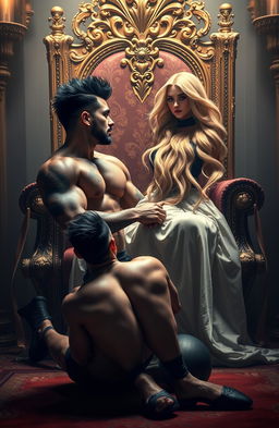 A powerful scene depicting a muscled tattooed Latin man with dark, spiky hair on his knees in front of an effeminate Caucasian man with long, flowing blonde hair, sitting elegantly on a grand throne