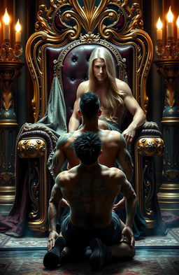 A powerful scene depicting a muscled tattooed Latin man with dark, spiky hair on his knees in front of an effeminate Caucasian man with long, flowing blonde hair, sitting elegantly on a grand throne