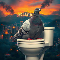 An ultra-realistic depiction of an obese pigeon comfortably sitting on a toilet, surrounded by a vibrant, flaming landscape of Los Angeles