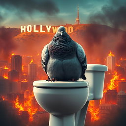 An ultra-realistic depiction of an obese pigeon comfortably sitting on a toilet, surrounded by a vibrant, flaming landscape of Los Angeles