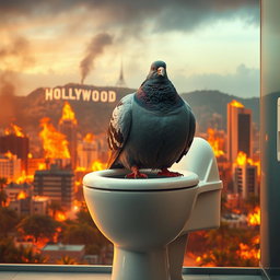 An ultra-realistic depiction of an obese pigeon comfortably sitting on a toilet, surrounded by a vibrant, flaming landscape of Los Angeles