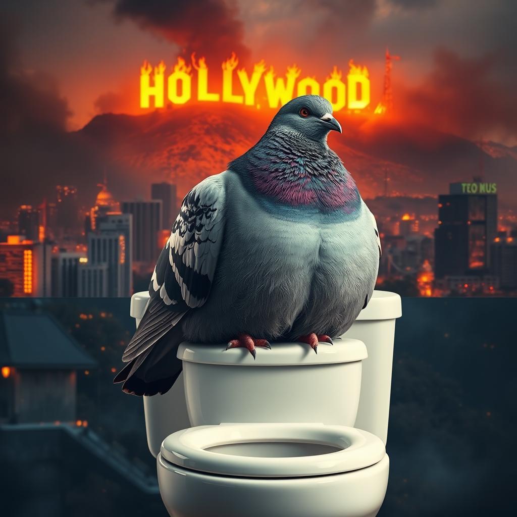 An ultra-realistic depiction of an obese pigeon comfortably sitting on a toilet, surrounded by a vibrant, flaming landscape of Los Angeles